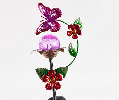 34" Flower, Butterfly & Crackle Ball LED Solar Yard Stake