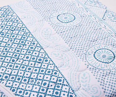 Joelle Blue & White Geo Floral Queen 7-Piece Quilt Set