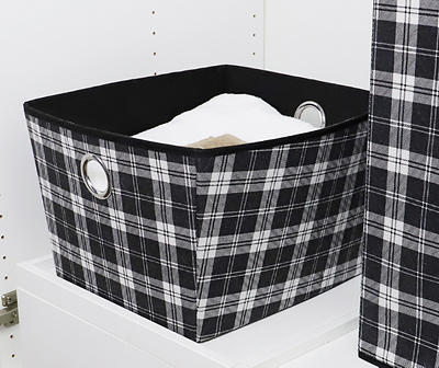 White and Black Plaid Fabric Storage Bin With Handles, (15")