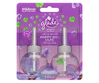 Glade PlugIns Scented Oil Refill, Happy-Go-Lilac Scent, Infused with Essential Oils, Spring Limited Edition Fragrance, Positive Vibes Collection, 0.67 oz, 2 Count