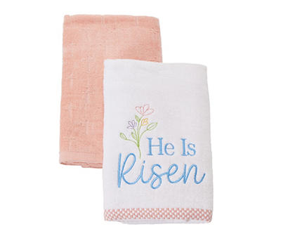 "He Is Risen" White & Peach Floral 2-Piece Hand Towel Set