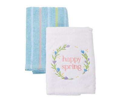 "Spring" White & Blue Wreath 2-Piece Hand Towel Set