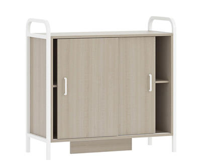 Beige Wood & White Metal Sliding Door Storage Cabinet