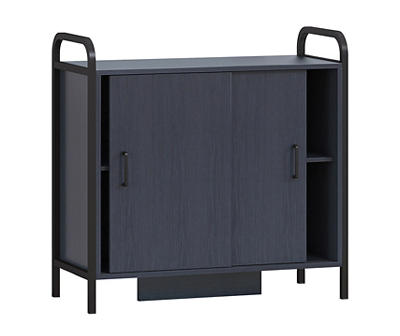 Blue Wood & Black Metal Sliding Door Storage Cabinet