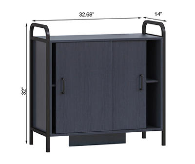 Blue Wood & Black Metal Sliding Door Storage Cabinet