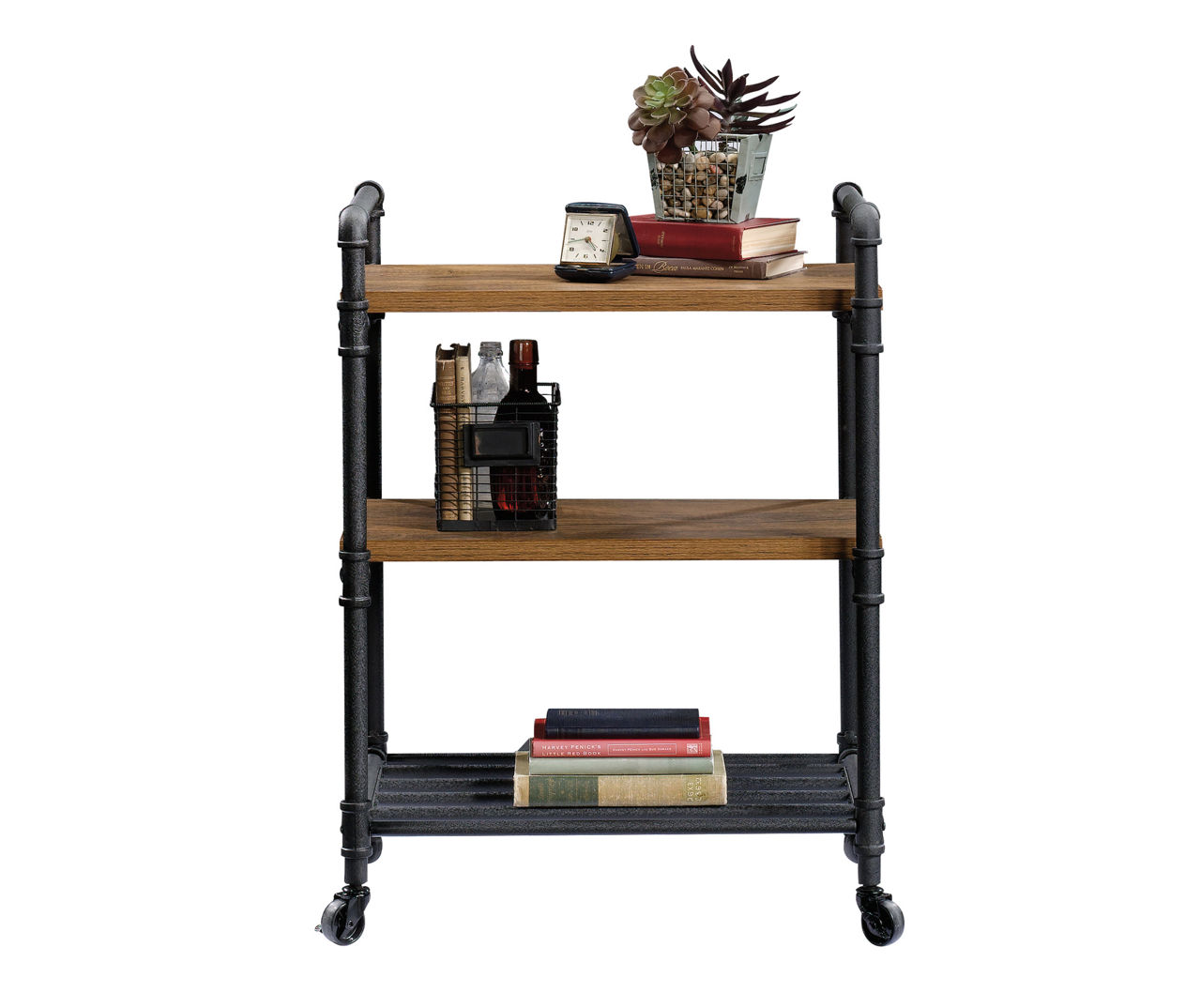 Sauder Iron City Checked Oak Wood & Metal Rolling Bar Cart Big Lots