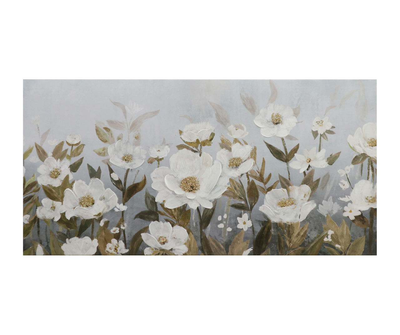 White, Green & Gold Glitter Flowers Art Canvas, (24