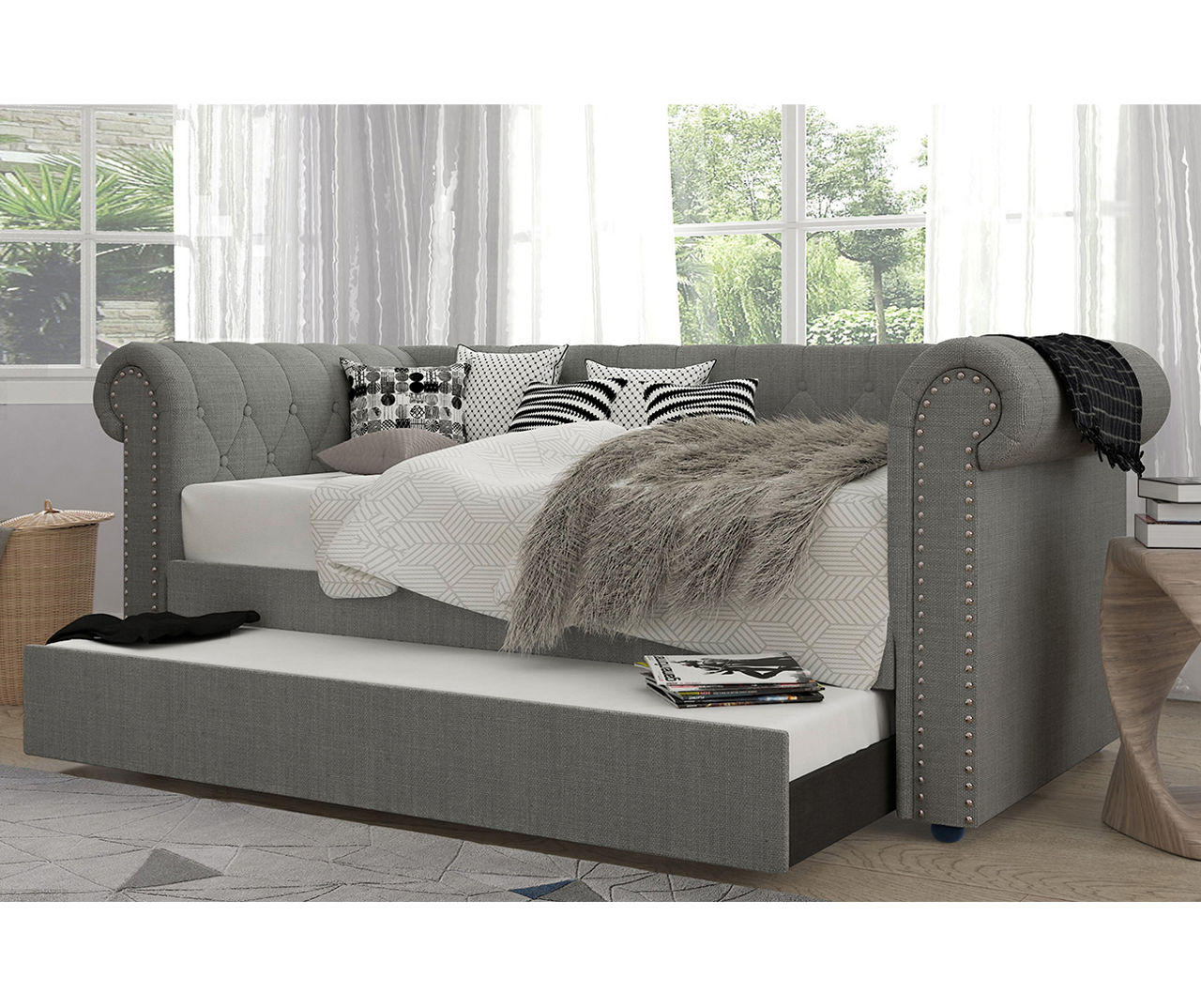 Light Gray Rolled Arm Daybed Trundle