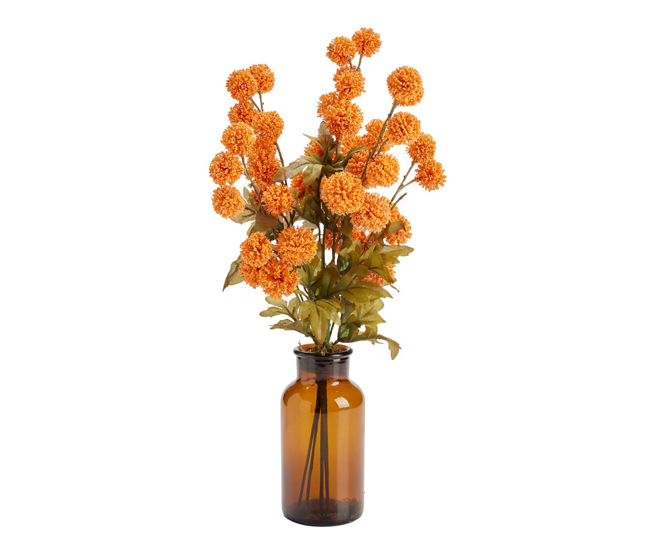 Orange Mums in Amber Glass Bottle