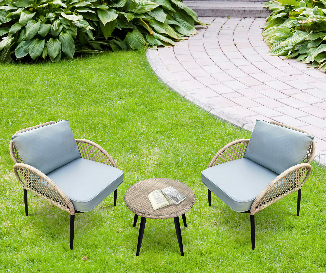 Gray 3 Piece Rope Wicker Cushioned Patio Seating Set