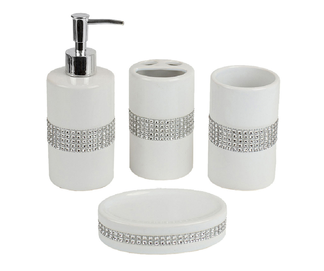 Home Basics White Ceramic Rhinestone-Accent 4-Pc. Bath Accessory Set ...