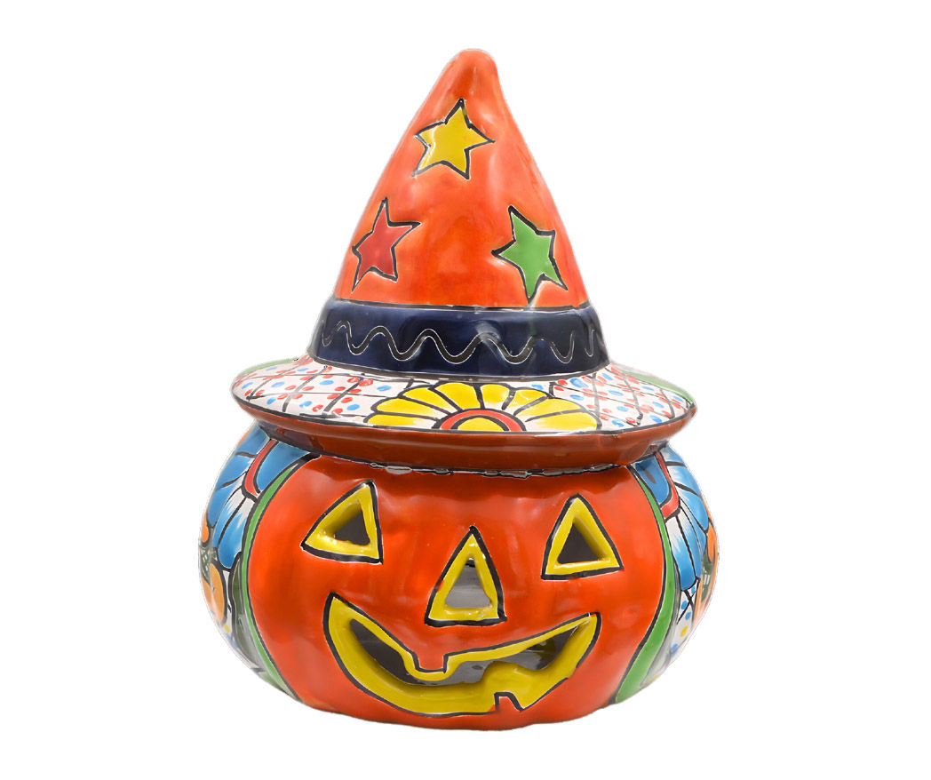 Blue Orange Pottery 10&quot; Witch Jack O&rsquo;Lantern Talavera Pumpkin 