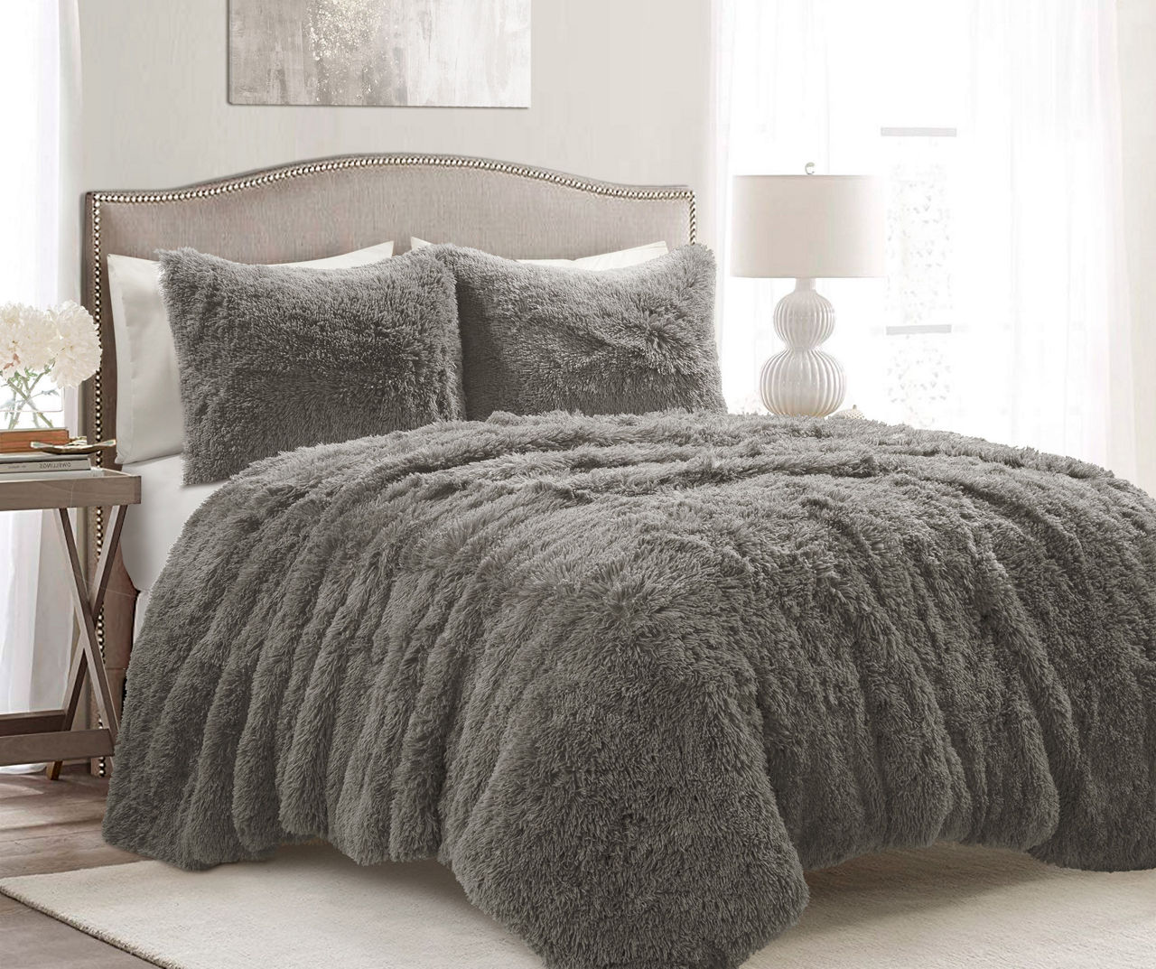 Lush Decor Emma Dark Gray Faux Fur King 3-Piece Comforter Set | Big Lots