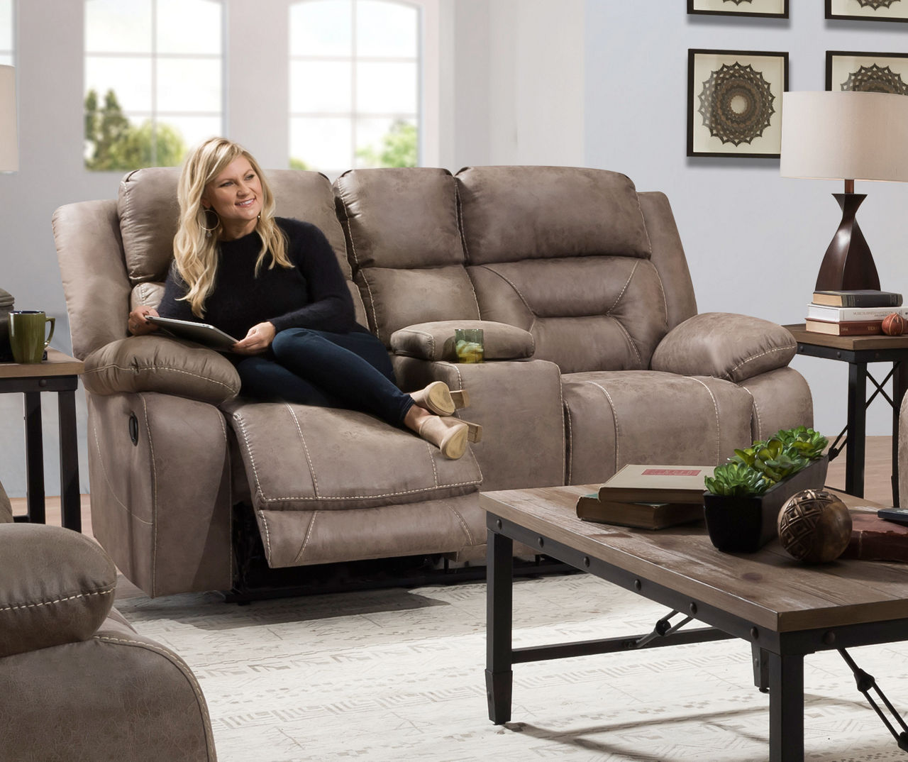 Silver Taupe Faux Leather Reclining Sofa
