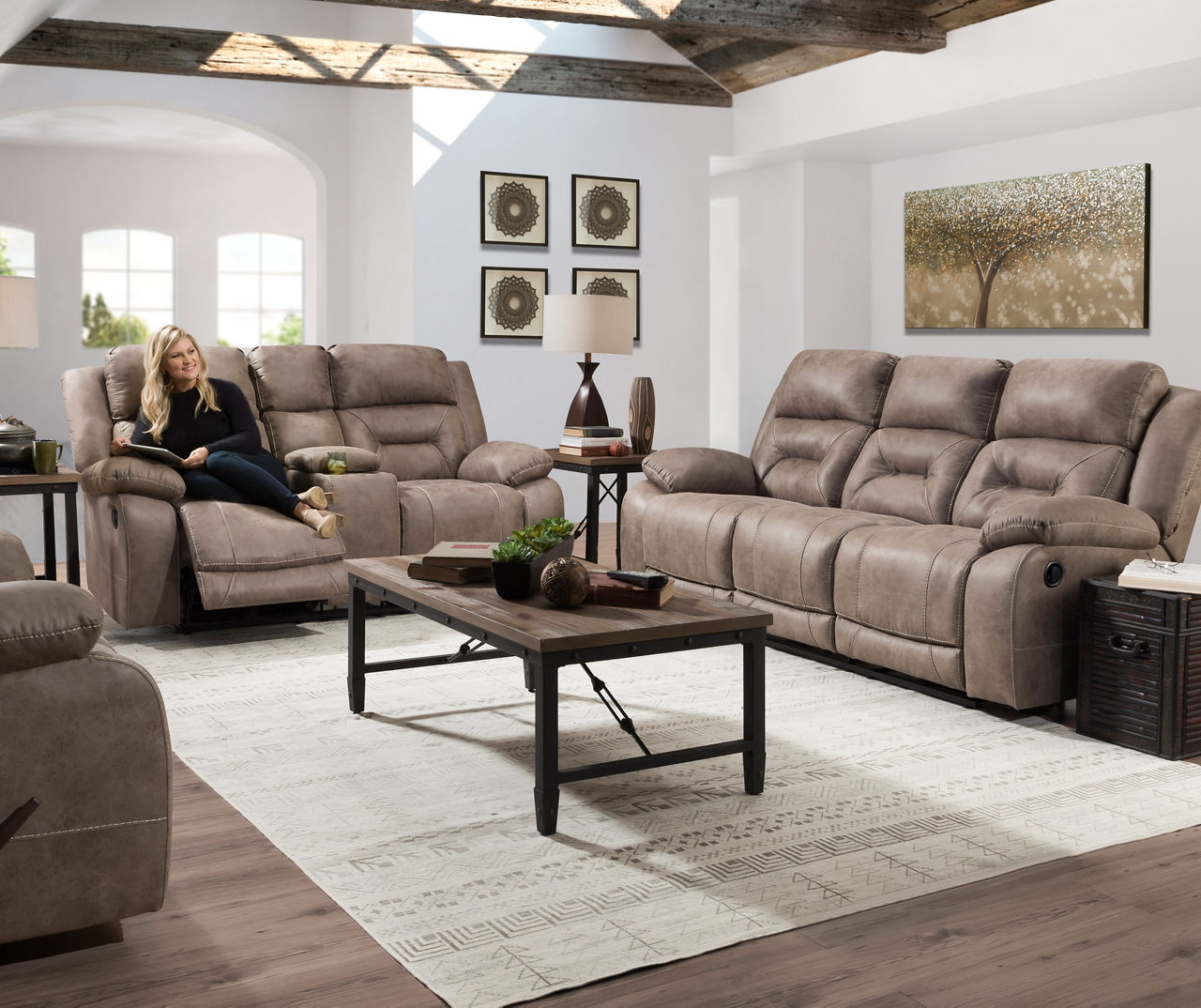 Silver Taupe Faux Leather Reclining Sofa