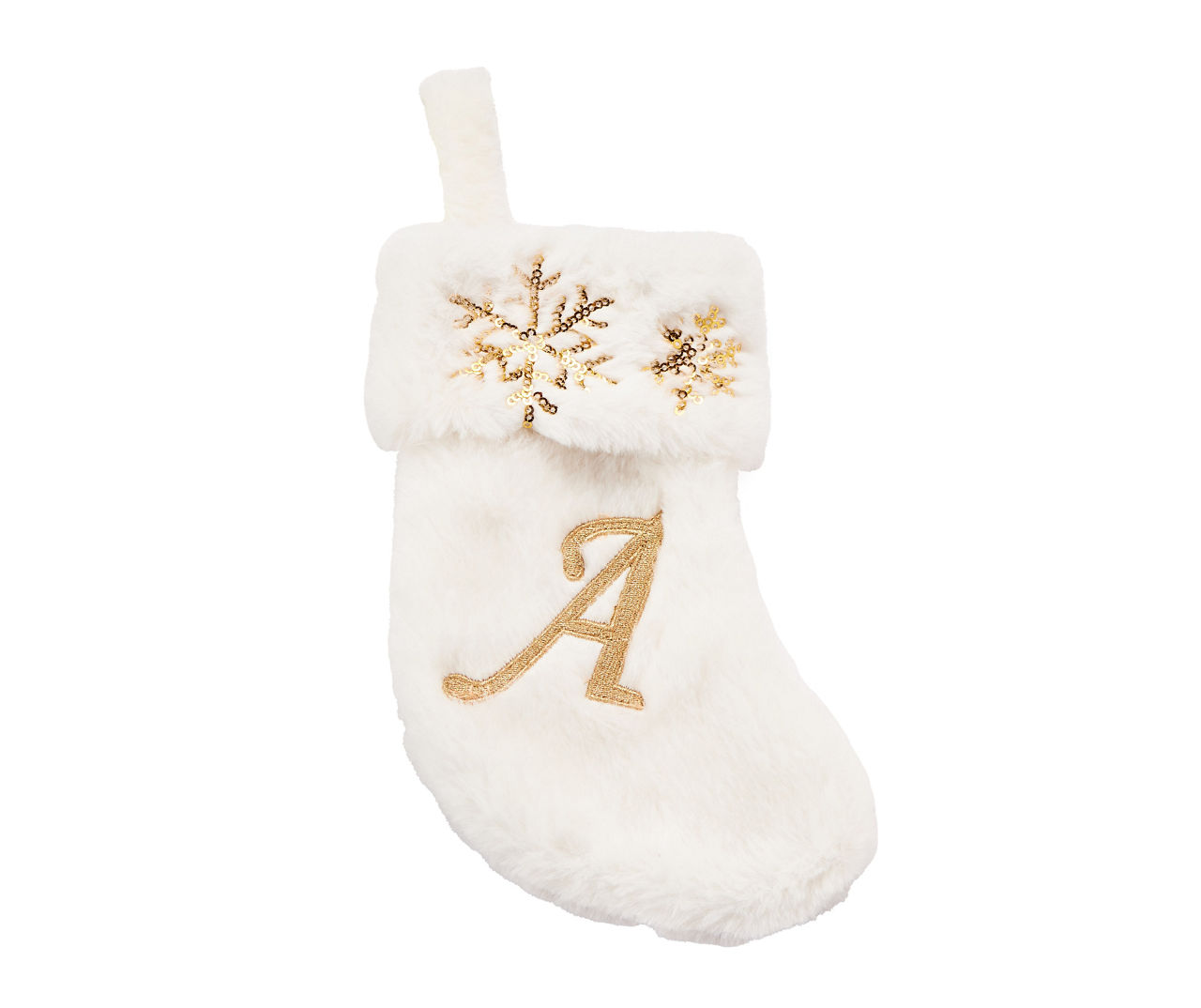 Winter Wonder Lane "A" Monogram Gold Sequin & White Fur Mini Stocking