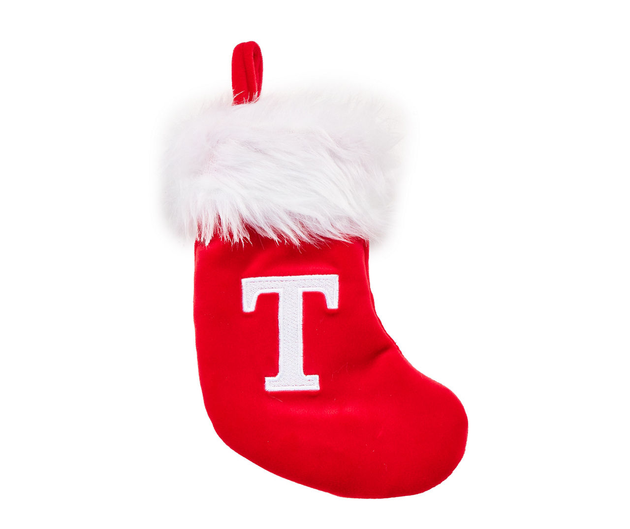 Winter Wonder Lane "T" Monogram Red Velvet Mini Stocking with White Fur