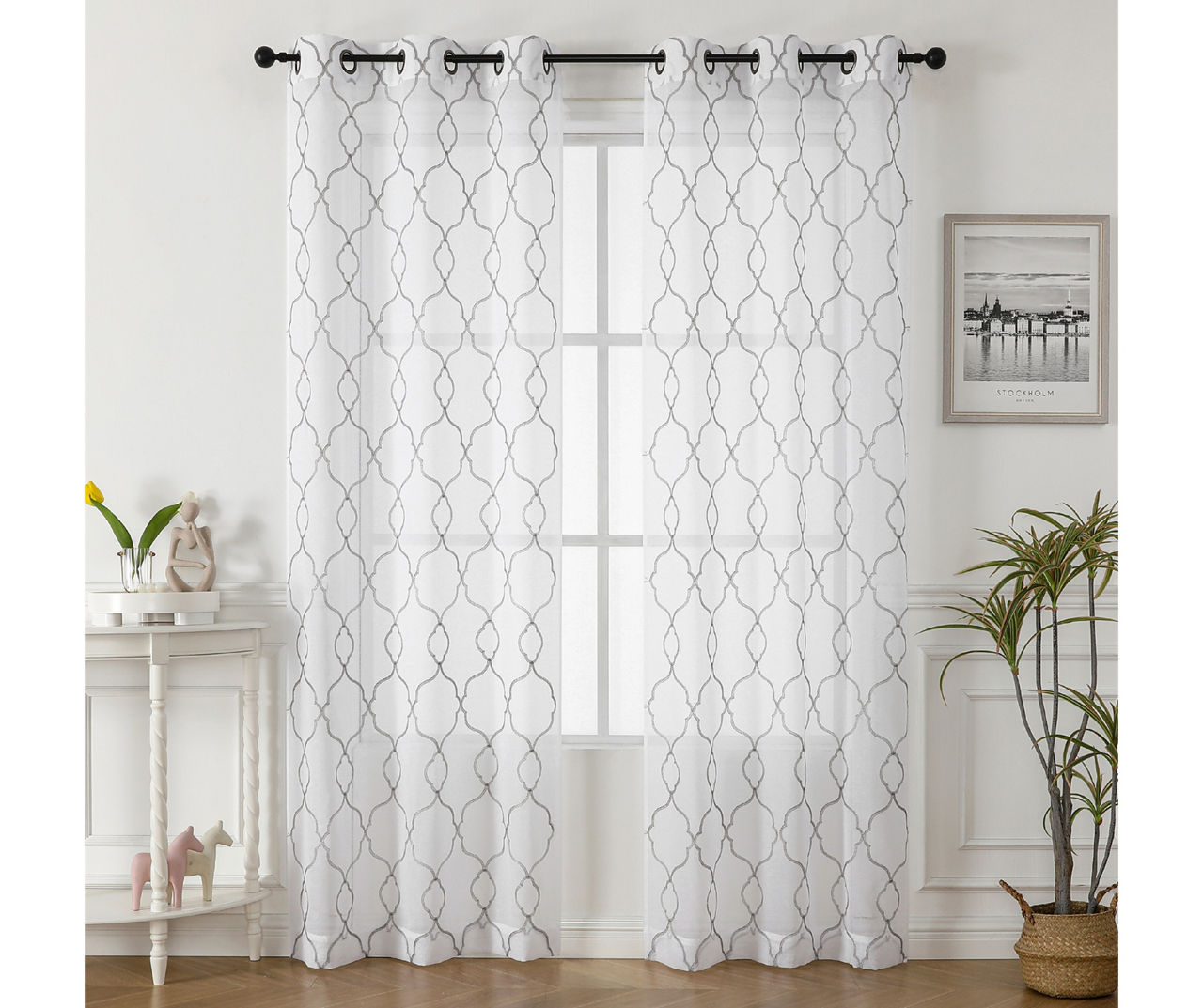Hazel White & Silver Lattice Sheer Grommet Curtain Panel Pair, (84