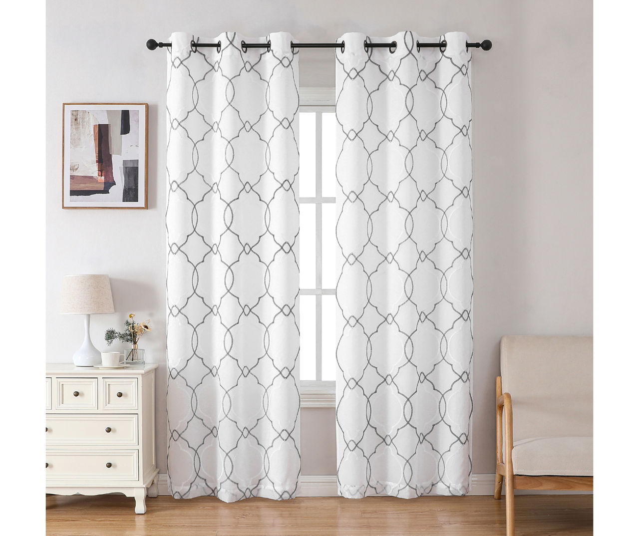 Estelle Gray Embroidered Sheer Grommet Curtain Panel Pair, (84