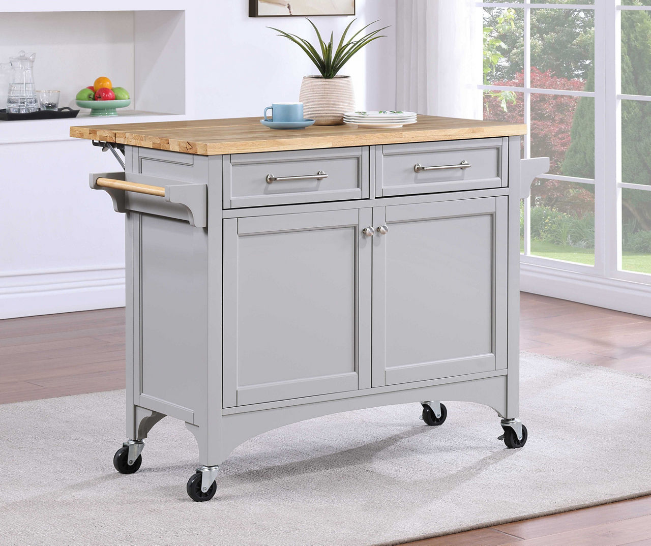 Gray & Wood Panel 2-Door Rolling Kitchen Cart