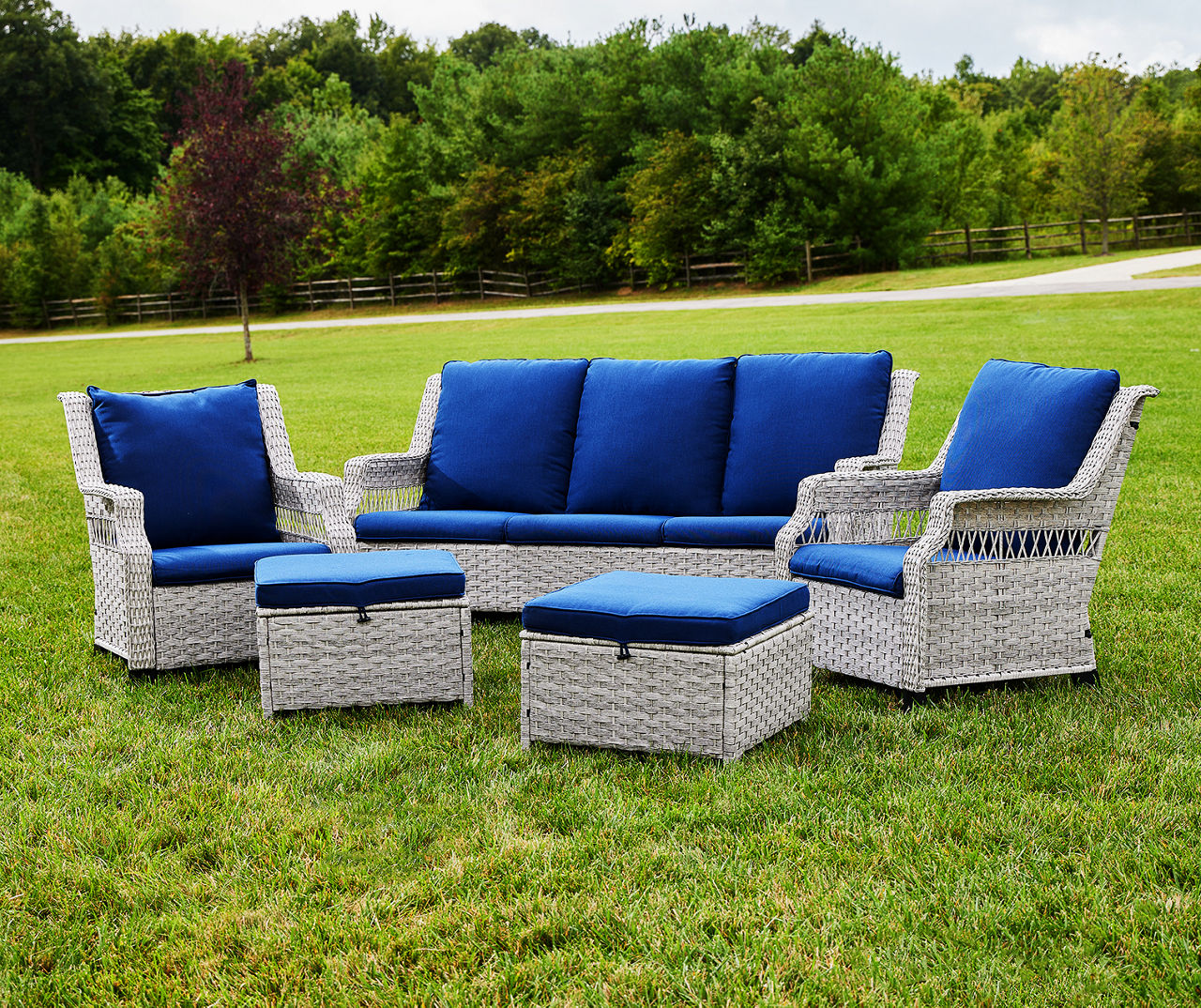 Real Living Bancroft 5-Piece Wicker Cushioned Patio Seating Set with Navy Cushions