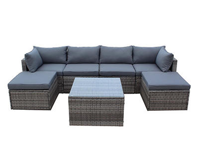 Gray 7-Piece All-Weather Wicker Sectional, Ottoman & Table Set