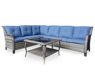 Real Living Rockbridge Navy All-Weather Wicker Cushioned Patio Sectional & Coffee Table Set