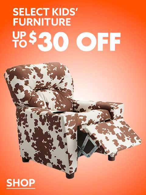 A cow-printed reclining chair on a orange backdrop.