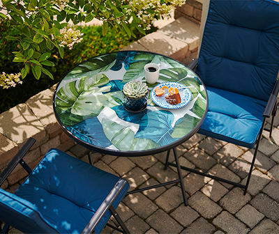 Tropical Floral Table & Sea Blue Oversized Chair Folding Patio Dining Set