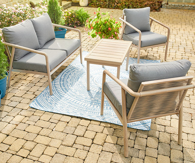 Wood Look Steel 4 Piece Cushioned Patio Seating Collection